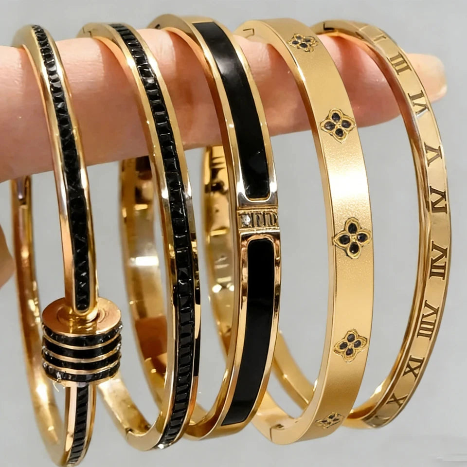 Stainless Steel Zirconia Bangle Set | Non-Fading Gold Stacking Bracelets for Women