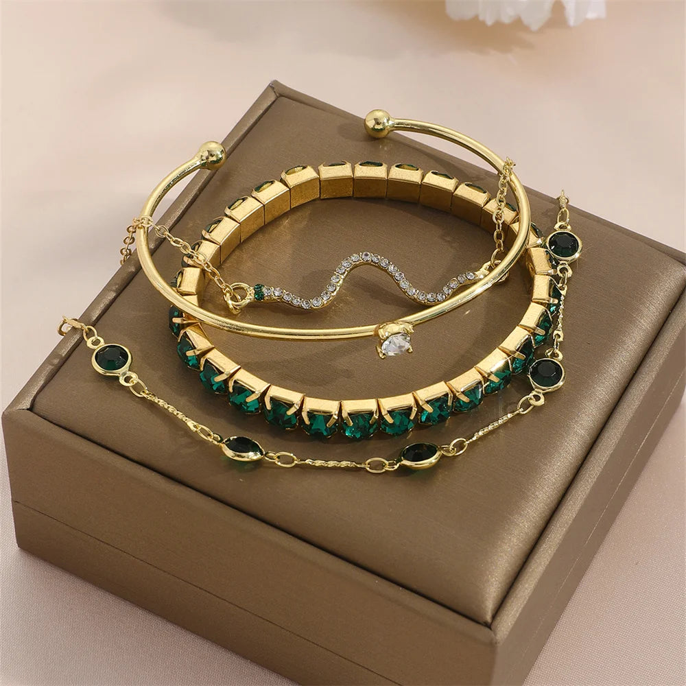 4-Piece Women’s Gold Snake & Emerald Tennis Bracelet Set | Crystal Bangle Stack