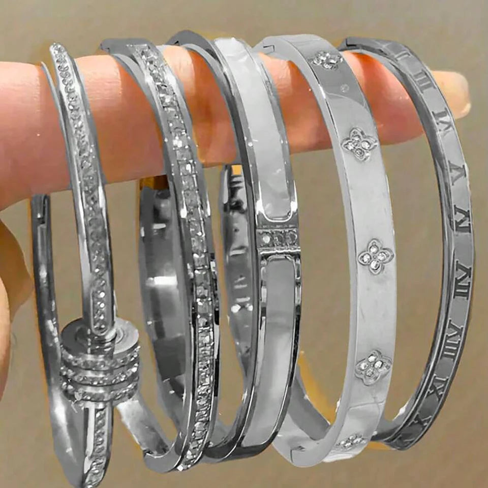 Stainless Steel Zirconia Bangle Set | Non-Fading Gold Stacking Bracelets for Women