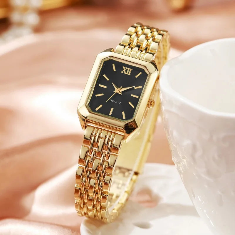 5-Piece Women’s Gold Quartz Watch & Jewelry Set | Rectangular Watch, Necklace, Ring & Earrings