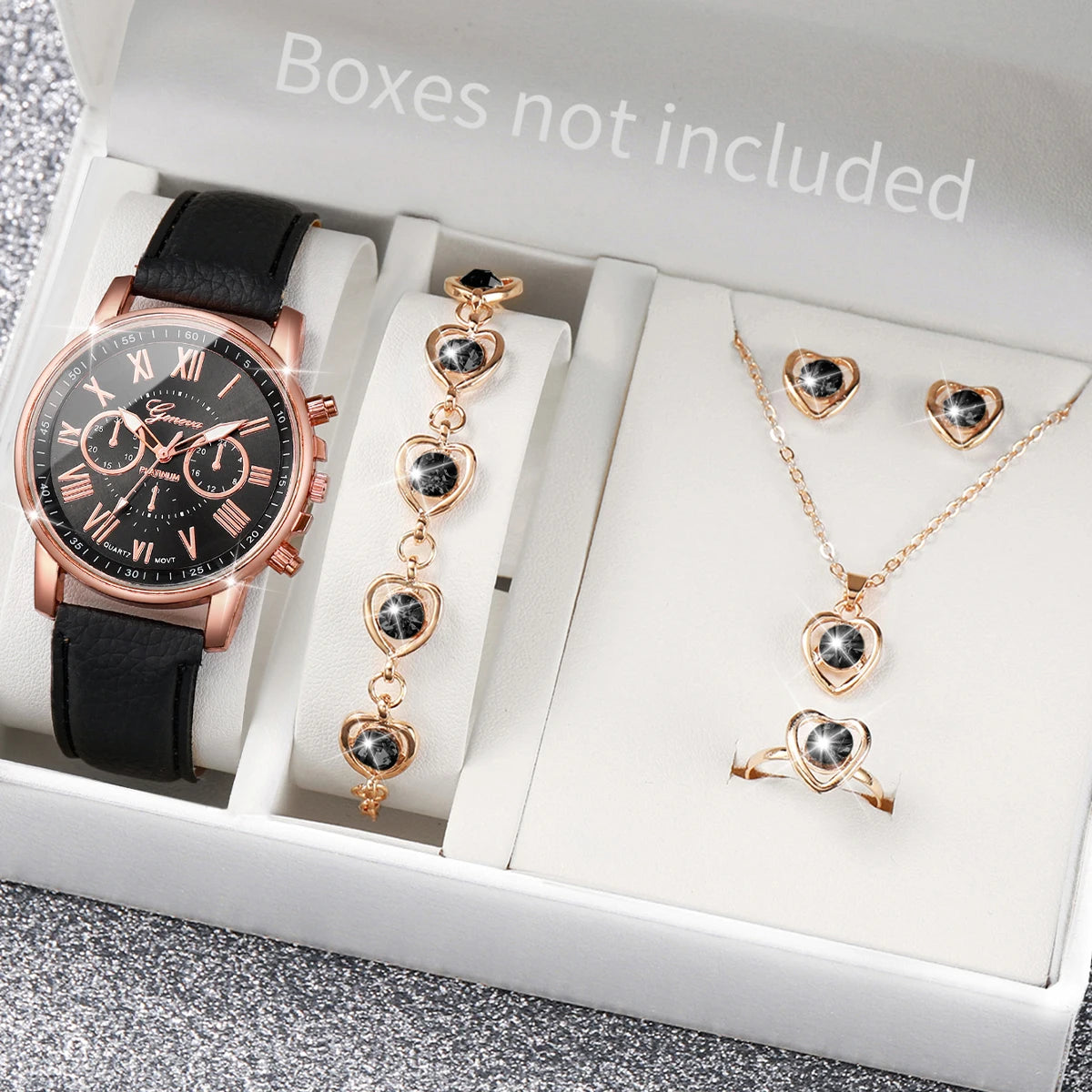 5-Piece Women's Pink Quartz Watch & Heart Jewelry Set | Leather Strap, Necklace, Ring & Earrings