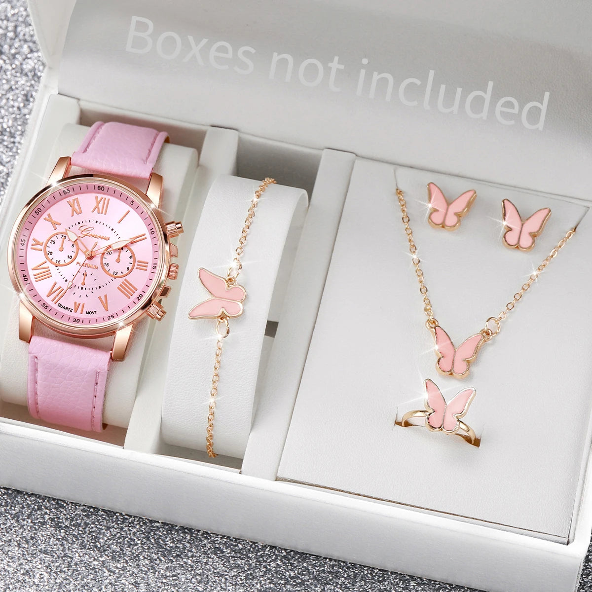 5-Piece Women's Pink Quartz Watch & Heart Jewelry Set | Leather Strap, Necklace, Ring & Earrings