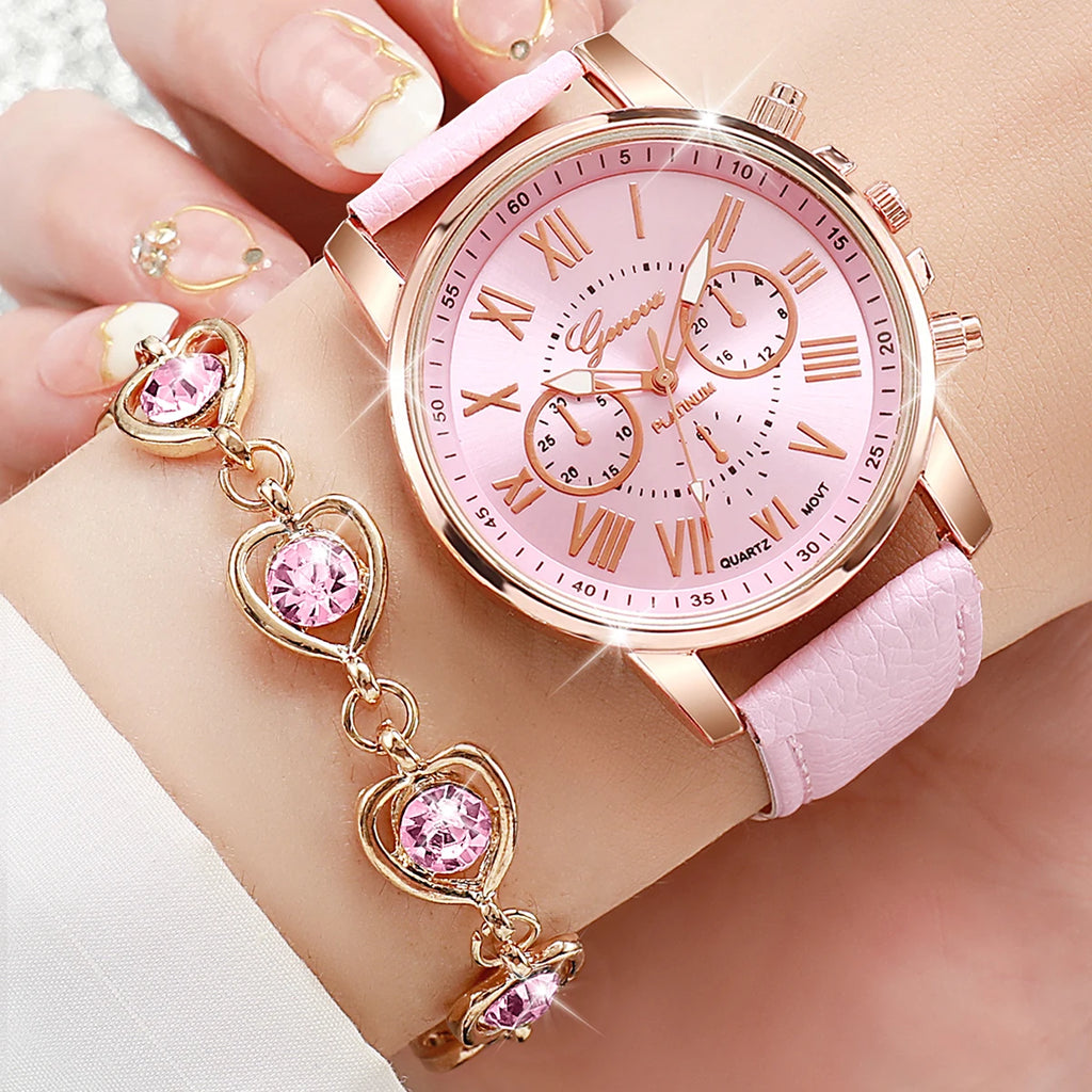 5-Piece Women’s Pink Quartz Watch & Heart Jewelry Set | Leather Strap Watch, Necklace, Ring & Earrings (Without Box)