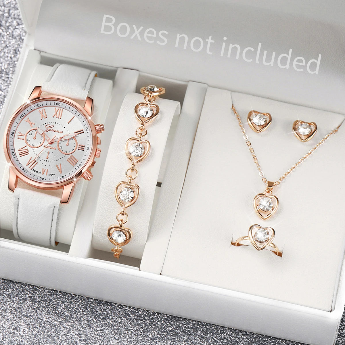 5-Piece Women's Pink Quartz Watch & Heart Jewelry Set | Leather Strap, Necklace, Ring & Earrings