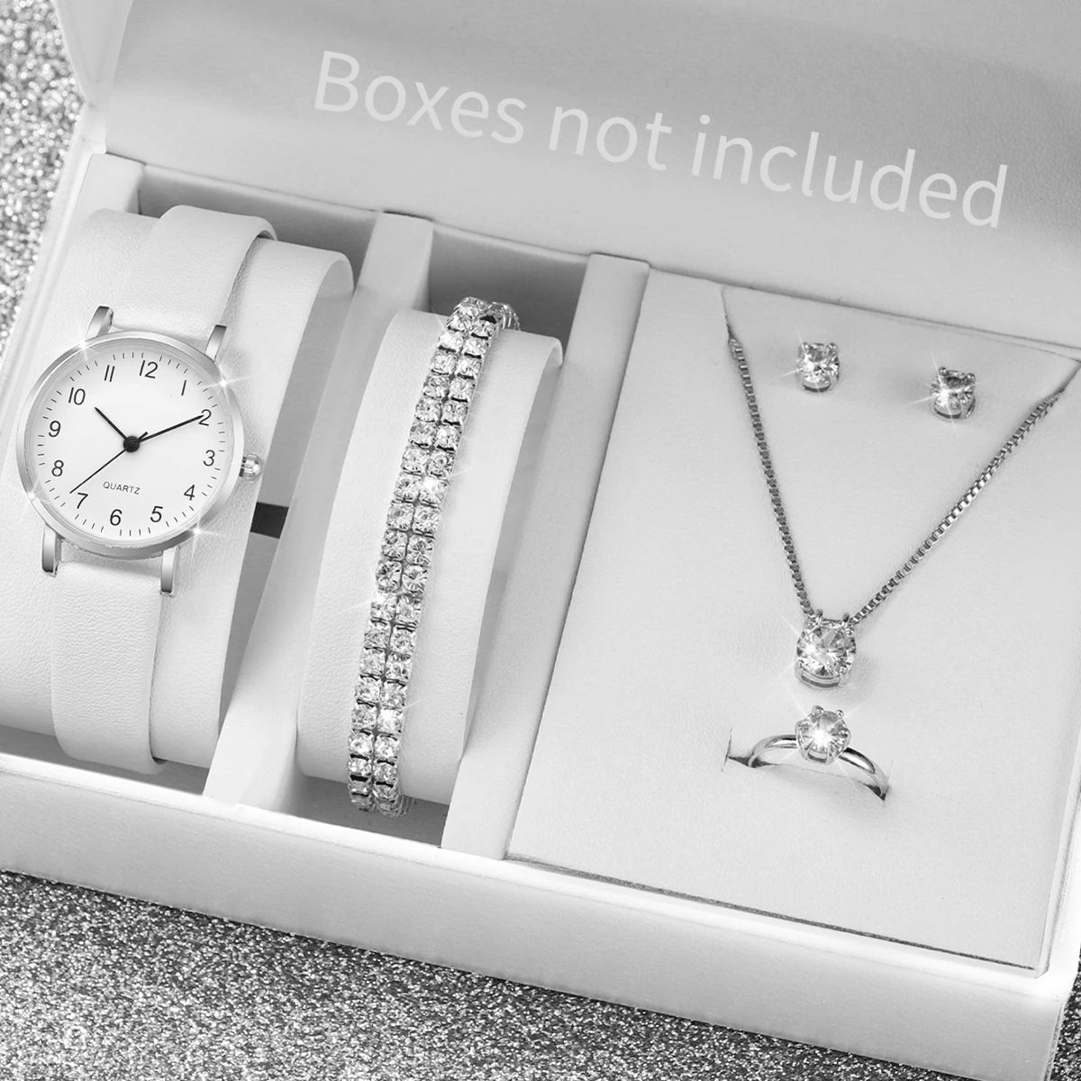 5-Piece Women's White Leather Quartz Watch & Solitaire Diamond Jewelry Set | Tennis Bracelet, Ring & Necklace