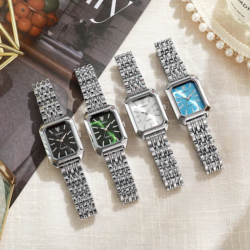 Women’s Gold Rectangle Quartz Watch | Elegant Steel Link Wristwatch