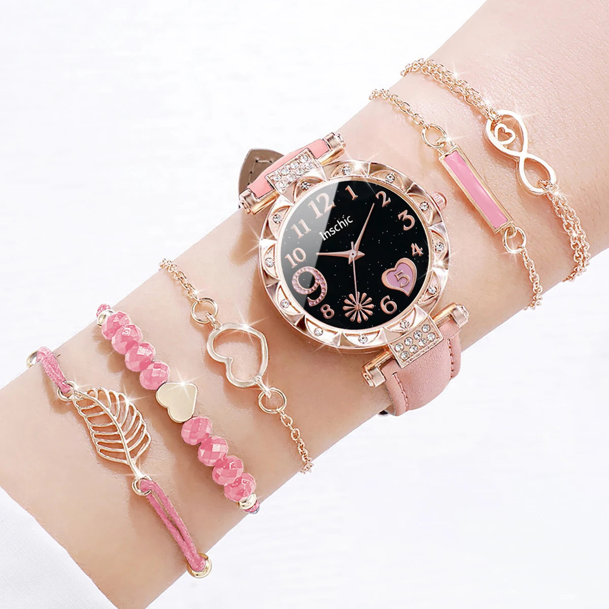 6-Piece Women's Leather Strap Quartz Watch & Layered Leaf Bracelets Set