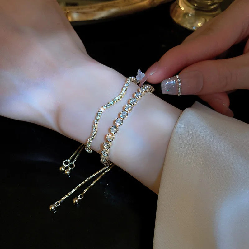 Adjustable Crystal Wave Bracelet | Gold Tennis Slider for Women & Weddings