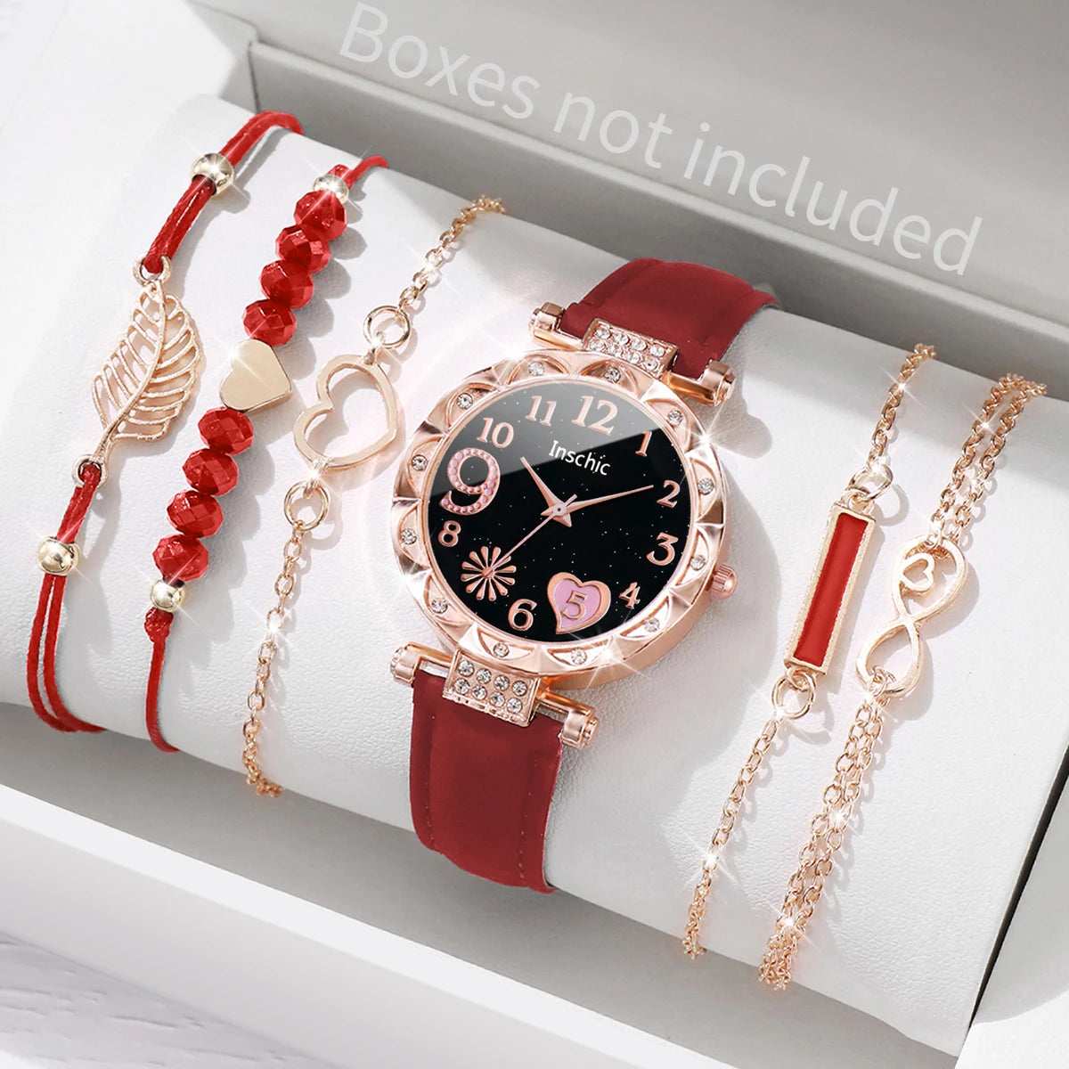 6-Piece Women's Leather Strap Quartz Watch & Layered Leaf Bracelets Set