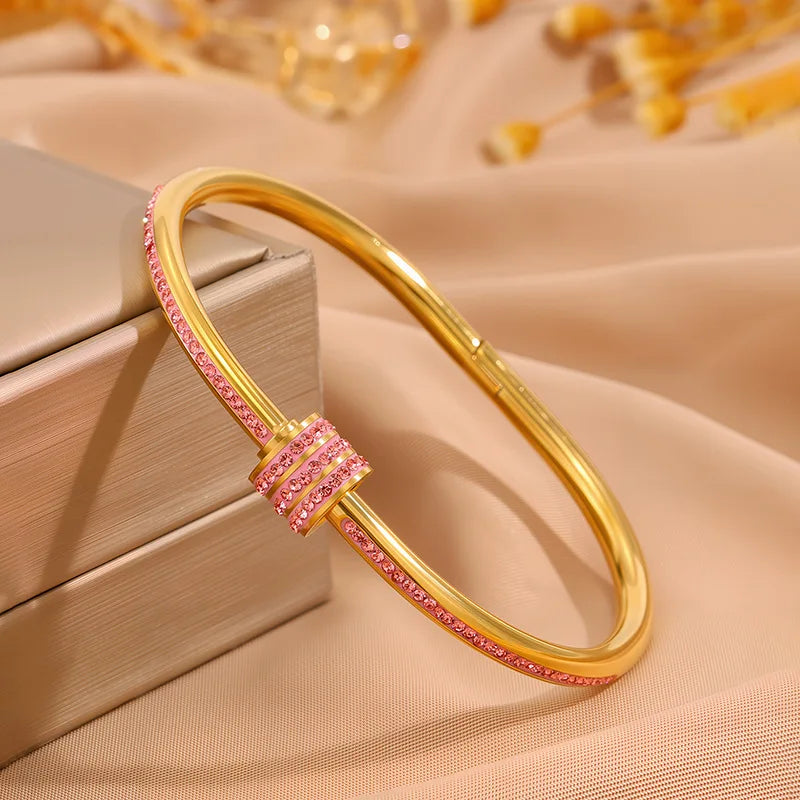 Stainless Steel Zirconia Bangle Set | Non-Fading Gold Stacking Bracelets for Women