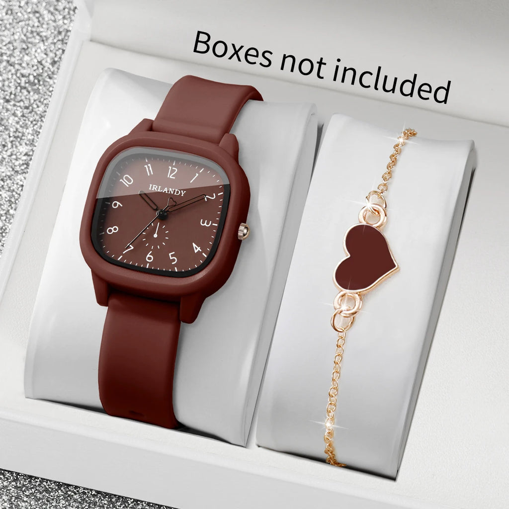 2-Pcs Women’s Square Silicone Quartz Watch & Heart Bracelet Set | Brown Dial Wristwatch (Without Box)