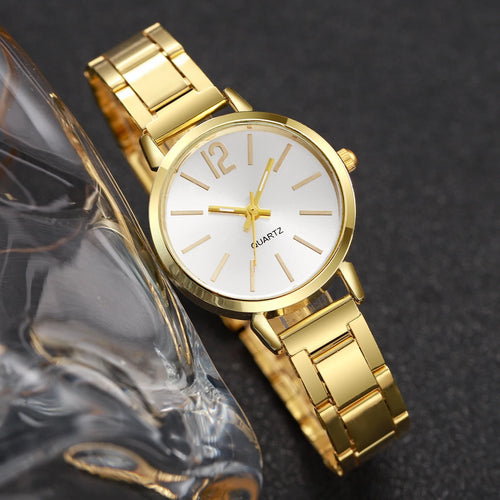 2-Pcs Women’s Gold Steel Watch & LOVE Bracelet Set | Round Quartz Wristwatch