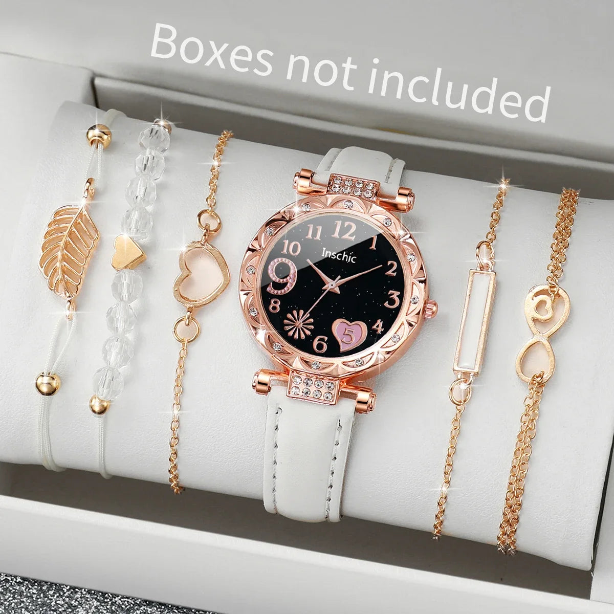 6-Piece Women's Leather Strap Quartz Watch & Layered Leaf Bracelets Set