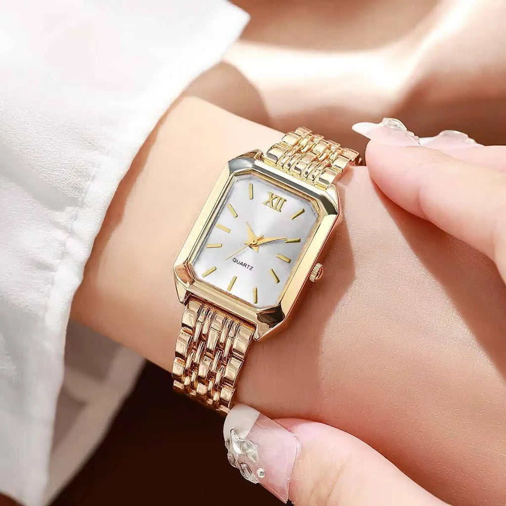 Women’s Rectangular Gold Mesh Quartz Watch | Elegant Square Dial Wristwatch
