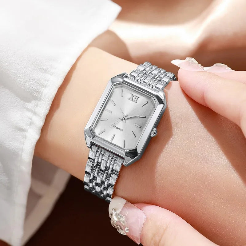 5-Piece Women’s Gold Quartz Watch & Jewelry Set | Rectangular Watch, Necklace, Ring & Earrings