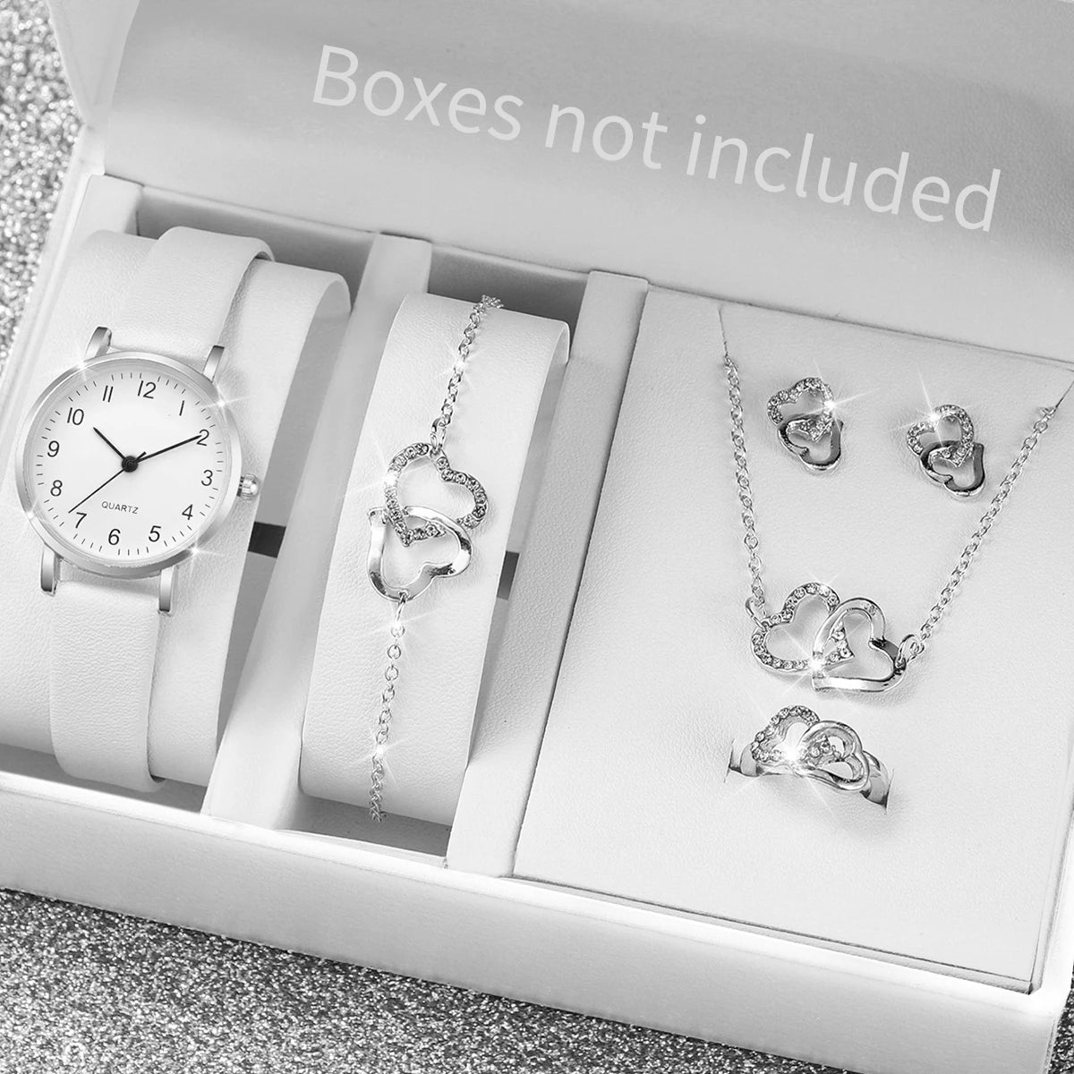 5-Piece Women's White Leather Quartz Watch & Solitaire Diamond Jewelry Set | Tennis Bracelet, Ring & Necklace