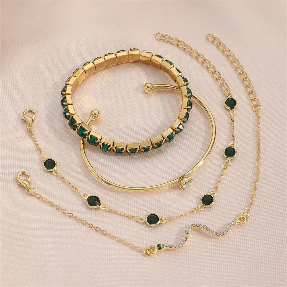 4-Piece Women’s Gold Snake & Emerald Tennis Bracelet Set | Crystal Bangle Stack