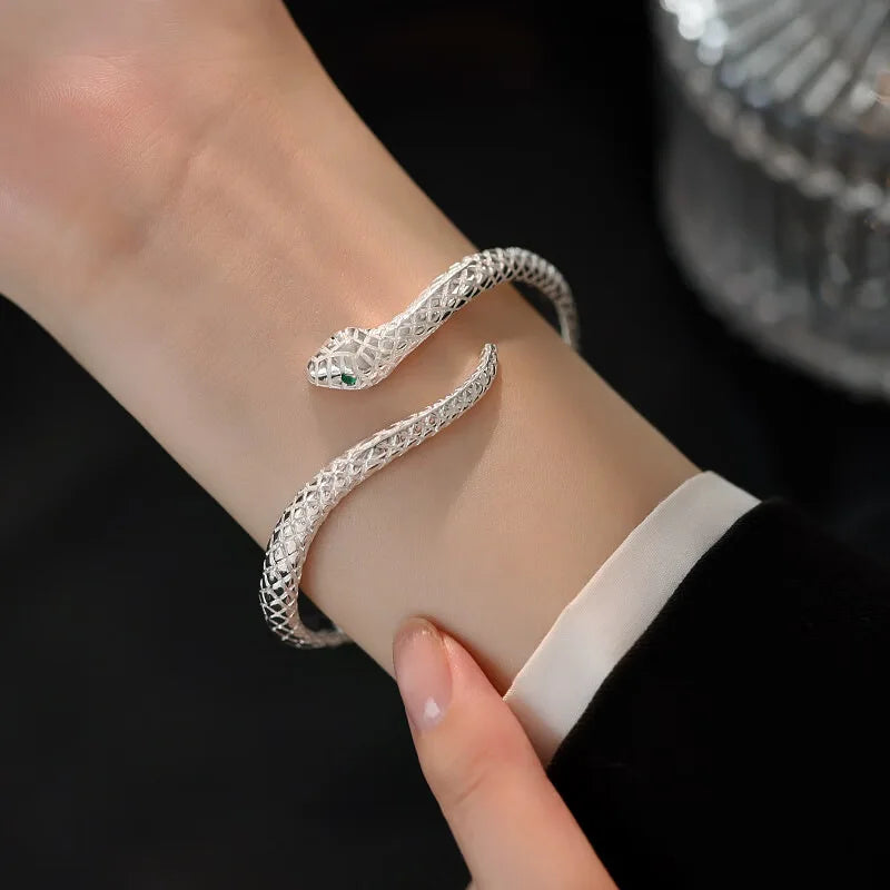 Silver Snake Cuff Bracelet | Adjustable Textured Open Bangle for Women