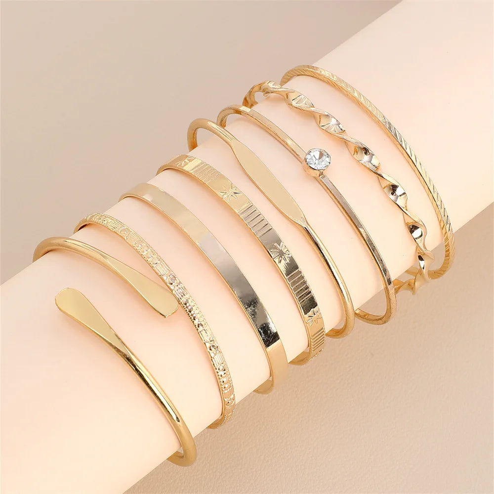 8 Piece Gold Crystal Bangle Set | Geometric & Twisted Stacking Bracelets