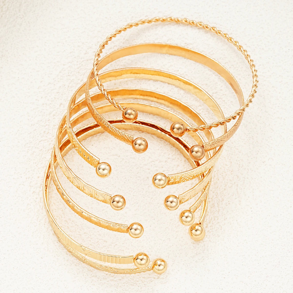 7 Piece Gold Open Bangle Set | Boho Heart Stacking Bracelets for Women