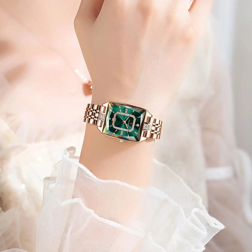 Rose Gold Square Watch | Emerald Dial Stainless Steel Quartz Wristwatch