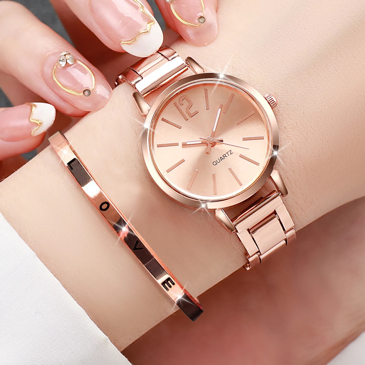 2-Pcs Women’s Gold Steel Watch & LOVE Bracelet Set | Round Quartz Wristwatch