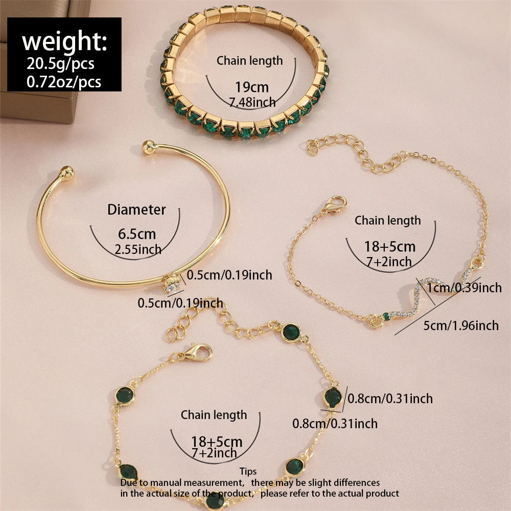 4-Piece Women’s Gold Snake & Emerald Tennis Bracelet Set | Crystal Bangle Stack