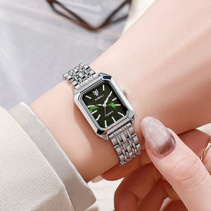 Women’s Gold Rectangle Quartz Watch | Elegant Steel Link Wristwatch