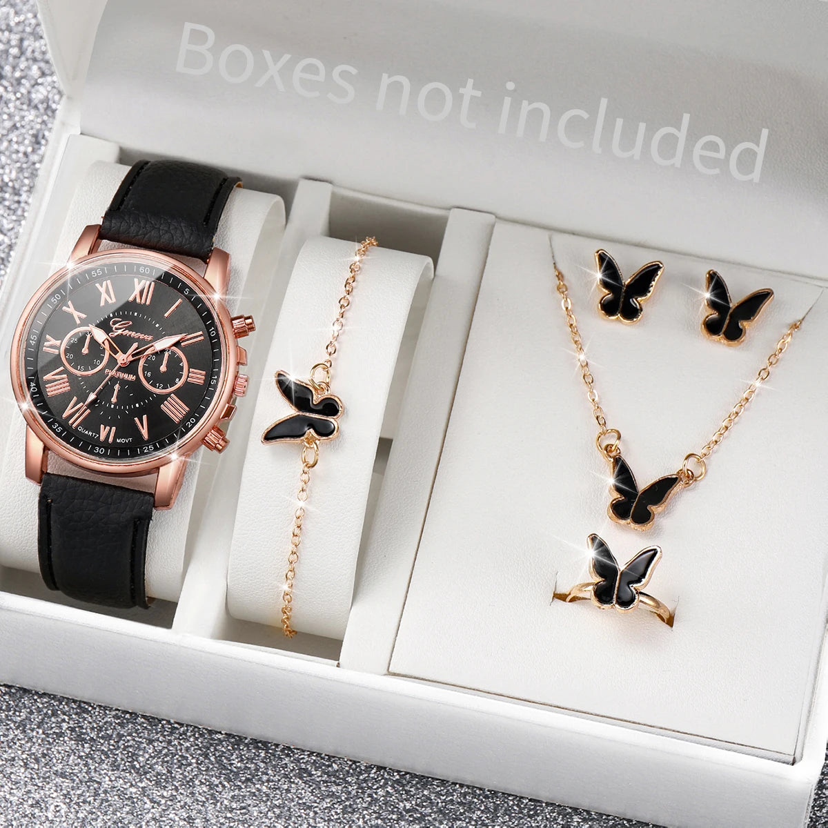 5-Piece Women's Pink Quartz Watch & Heart Jewelry Set | Leather Strap, Necklace, Ring & Earrings
