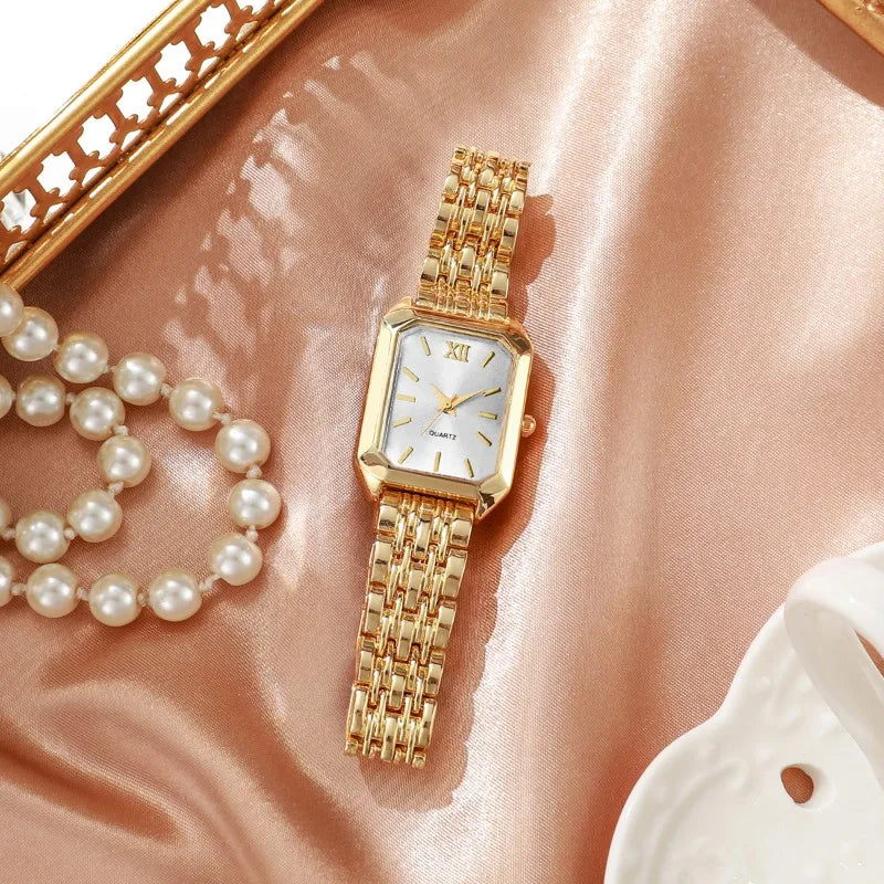 5-Piece Women’s Gold Quartz Watch & Jewelry Set | Rectangular Watch, Necklace, Ring & Earrings