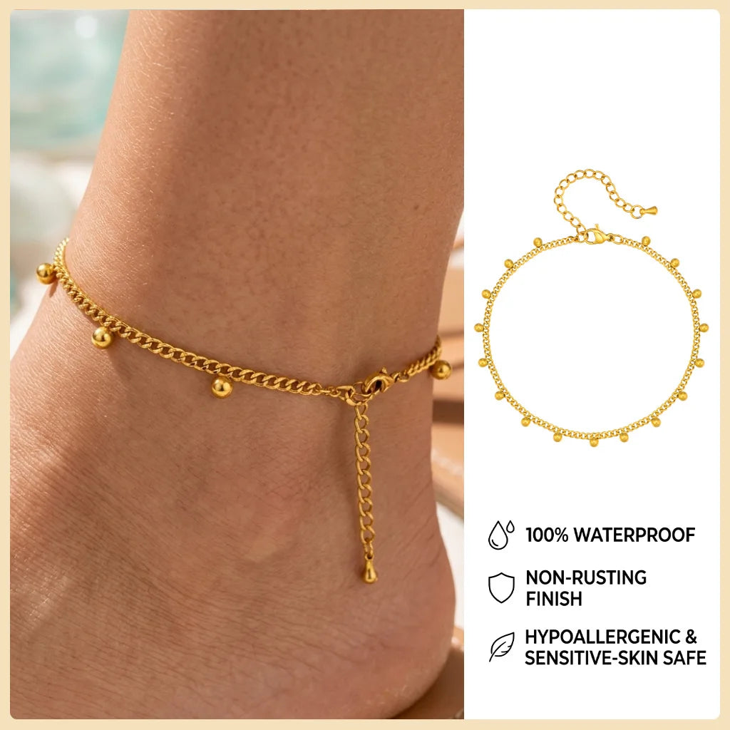 Beaded Cuban link anklet, style variation 7, stainless steel chain with beaded detail, Varex HQ