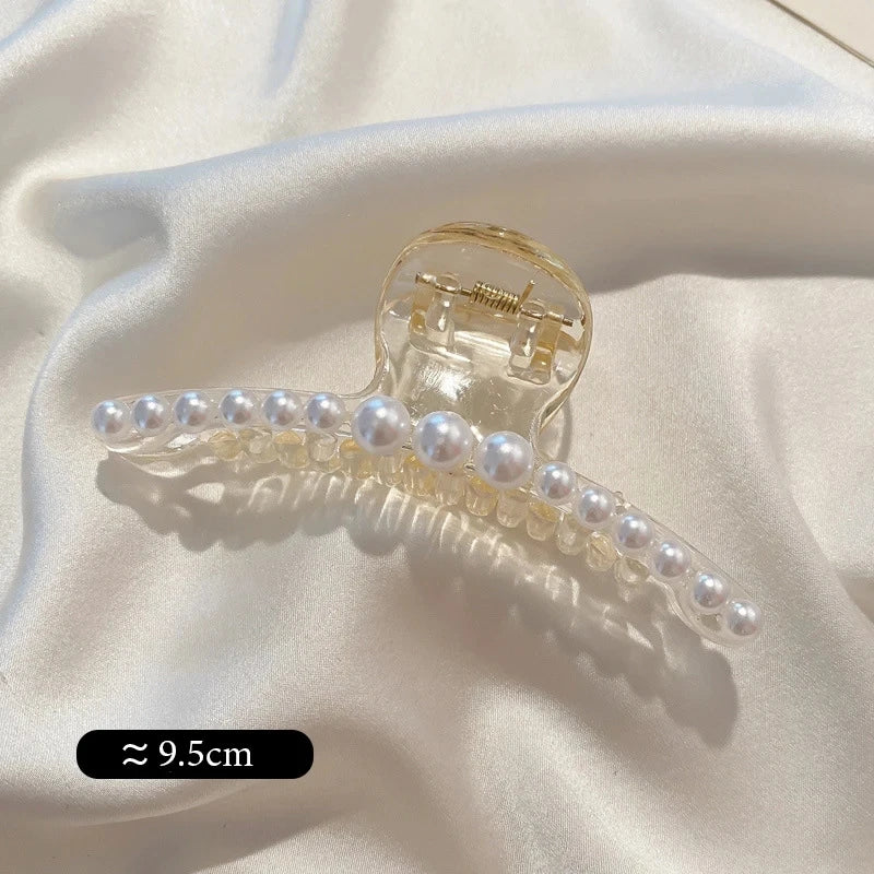 Big Pearl Hair Claw Clip in alloy with faux pearl accents, open claw view - Varex HQ