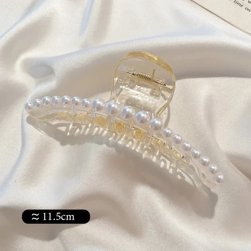 Big Pearl Hair Claw Clip in alloy with faux pearl accents, closed claw view - Varex HQ