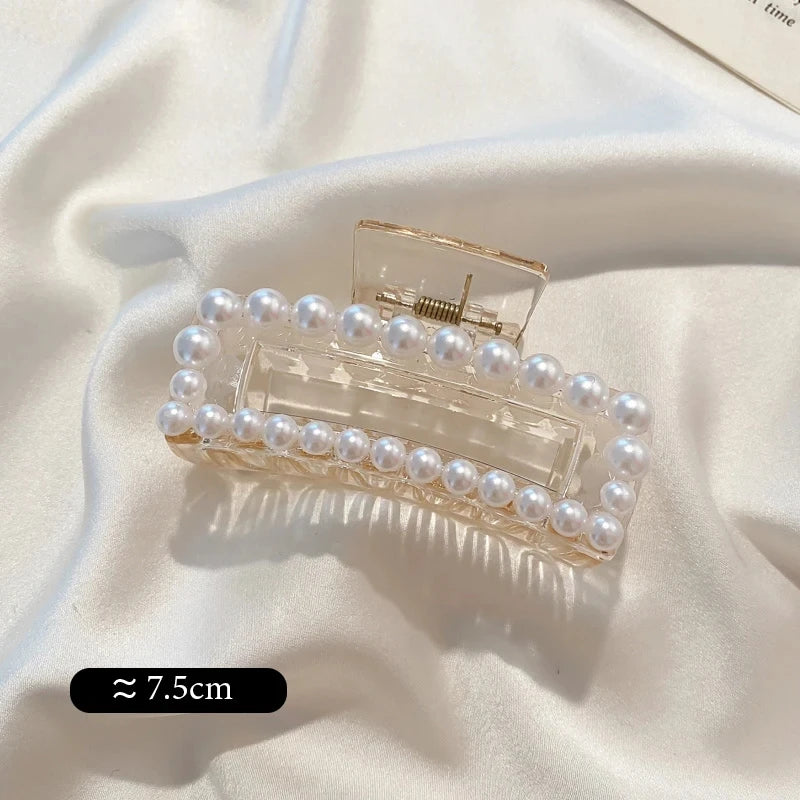 Big Pearl Hair Claw Clip in alloy with faux pearl accents, size comparison - Varex HQ