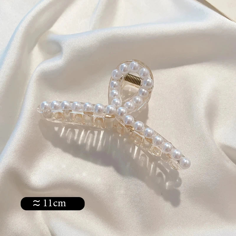 Big Pearl Hair Claw Clip in alloy with faux pearl accents, colour finish detail - Varex HQ