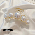 Big Pearl Hair Claw Clip in alloy with faux pearl accents, hinge mechanism detail - Varex HQ