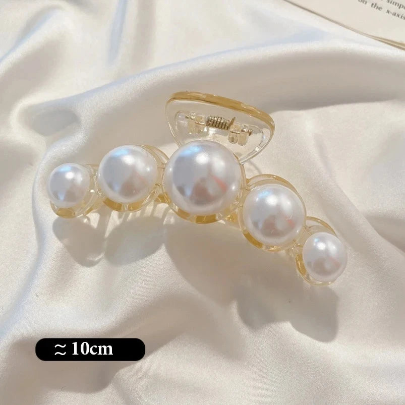 Big Pearl Hair Claw Clip in alloy with faux pearl accents, hinge mechanism detail - Varex HQ