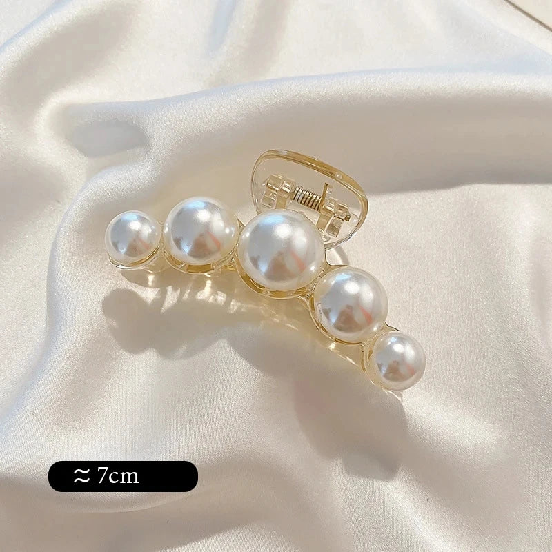 Big Pearl Hair Claw Clip in alloy with faux pearl accents, model wearing updo - Varex HQ