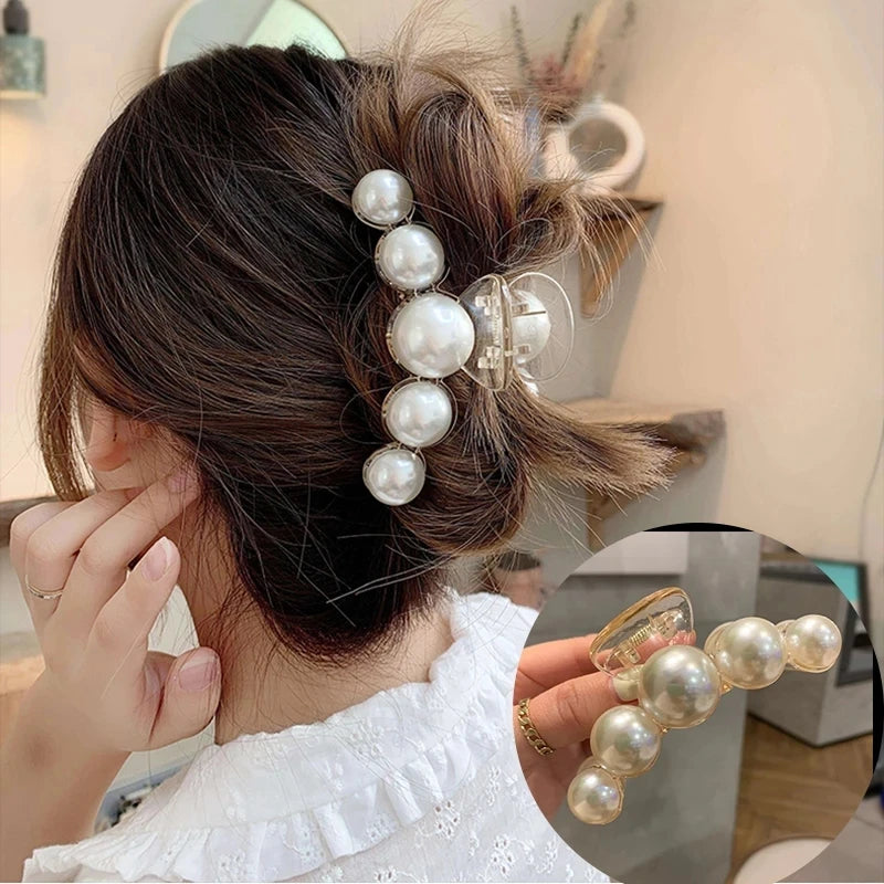 Big Pearl Hair Claw Clip in alloy with faux pearl accents, worn in hair - Varex HQ