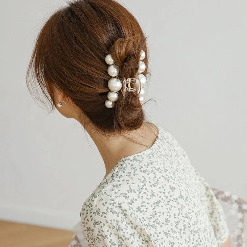 Big Pearl Hair Claw Clip in alloy with faux pearl accents, close-up detail - Varex HQ