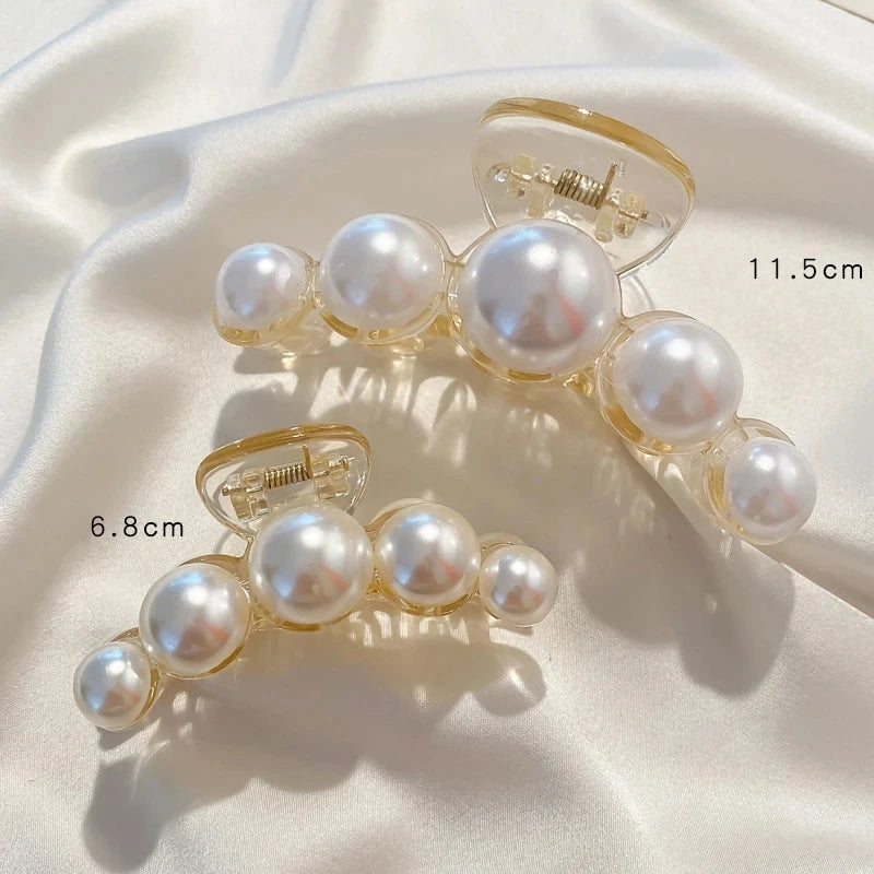 Big Pearl Hair Claw Clip in alloy with faux pearl accents, styling angle - Varex HQ