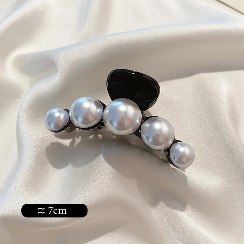 Big Pearl Hair Claw Clip in alloy with faux pearl accents, side profile - Varex HQ