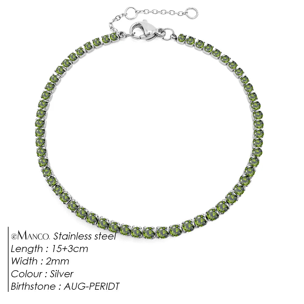 Birthstone Zirconia Bracelet – Gold or Silver-Tone, AUG-Silver Color – Varex HQ