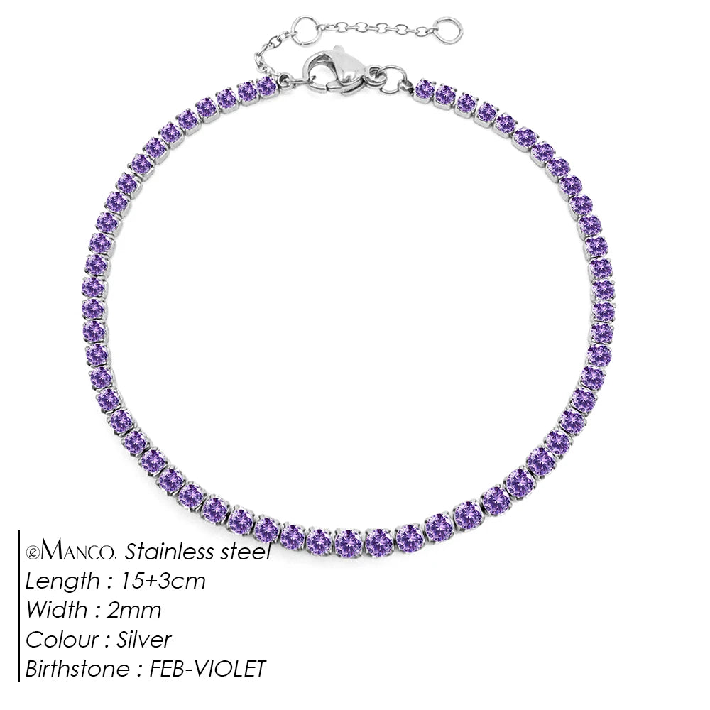 Birthstone Zirconia Bracelet – Gold or Silver-Tone, FEB-Silver Color – Varex HQ