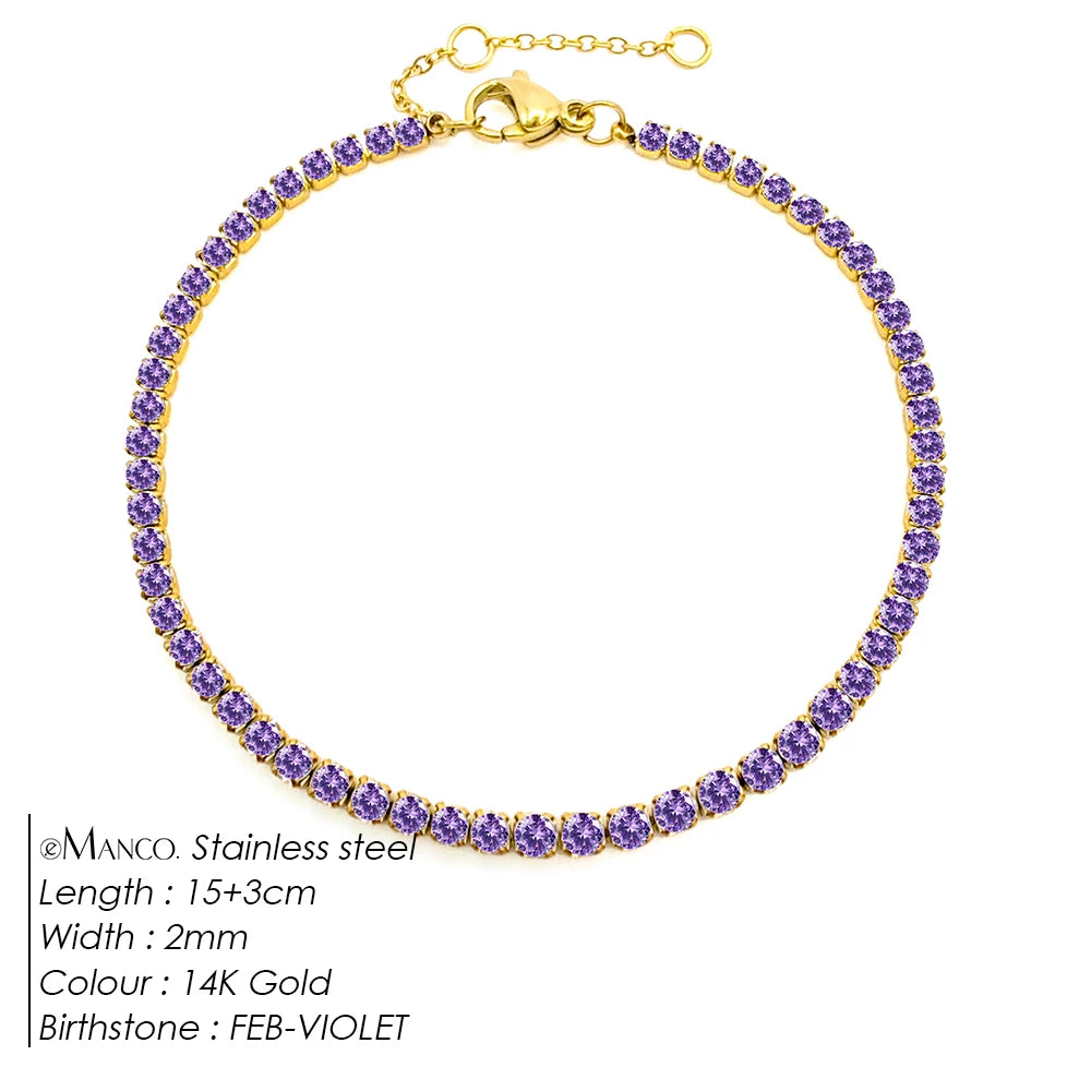Birthstone Zirconia Bracelet – Gold or Silver-Tone, FEB-Gold Color – Varex HQ