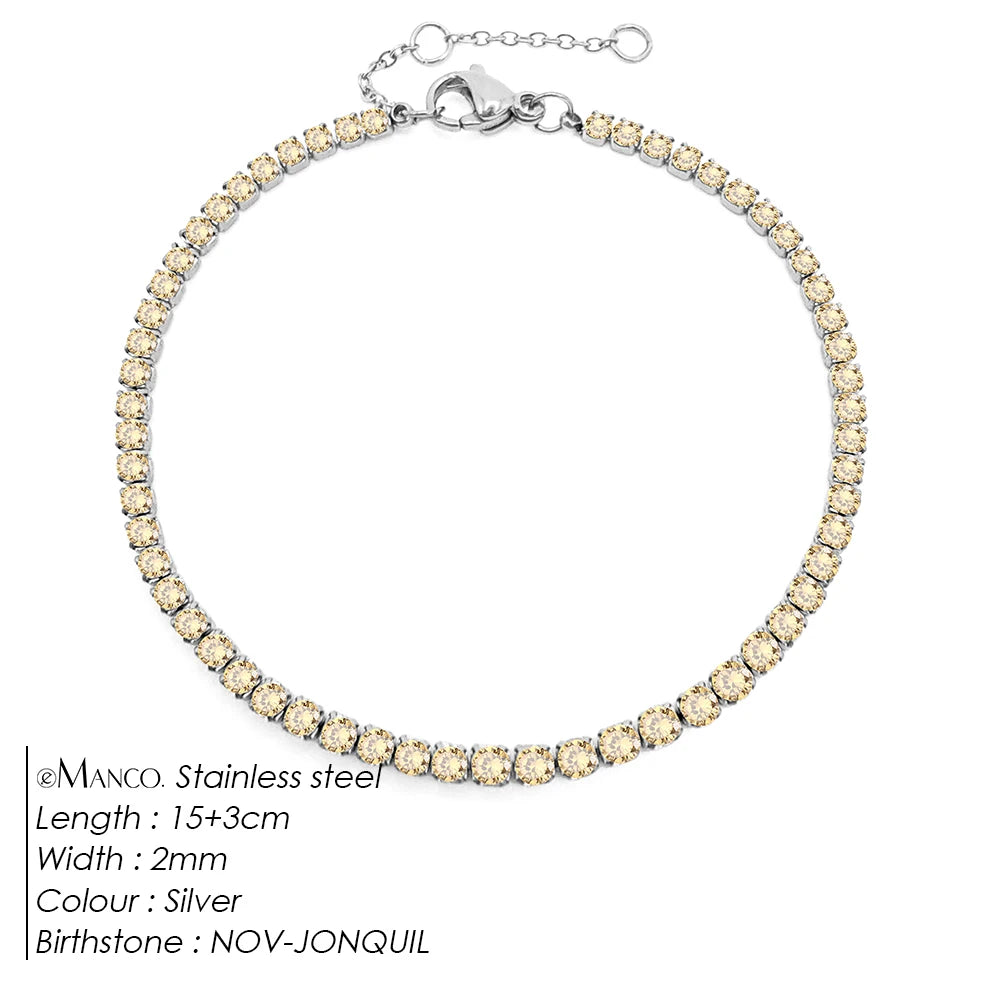 Birthstone Zirconia Bracelet – Gold or Silver-Tone, NOV-Silver Color – Varex HQ