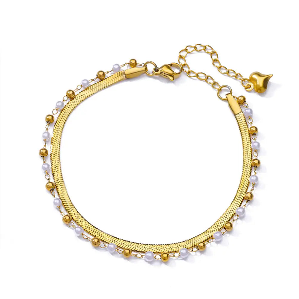 Boho drop anklet, flat snake and pearl double chain, gold-tone stainless steel, Varex HQ