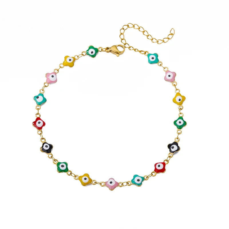 Boho drop anklet, rainbow flower evil eye chain, gold-tone stainless steel, Varex HQ