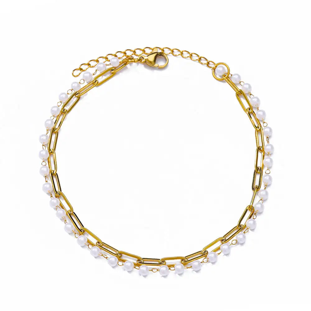 Boho drop anklet, pearl and paperclip chain, gold-tone stainless steel, Varex HQ