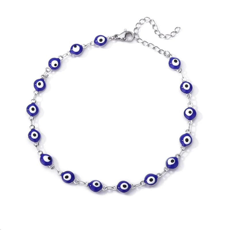 Boho drop anklet, blue evil eye bead chain, silver-tone stainless steel, Varex HQ